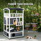Three-tier wooden cat house with jump platform and bottom box, dark asphalt roof