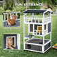 Wooden outdoor cat house with multiple round holes and a front door opening