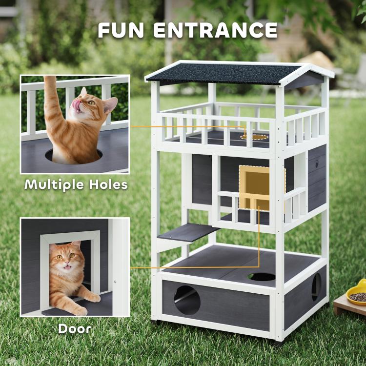 Wooden outdoor cat house with multiple round holes and a front door opening