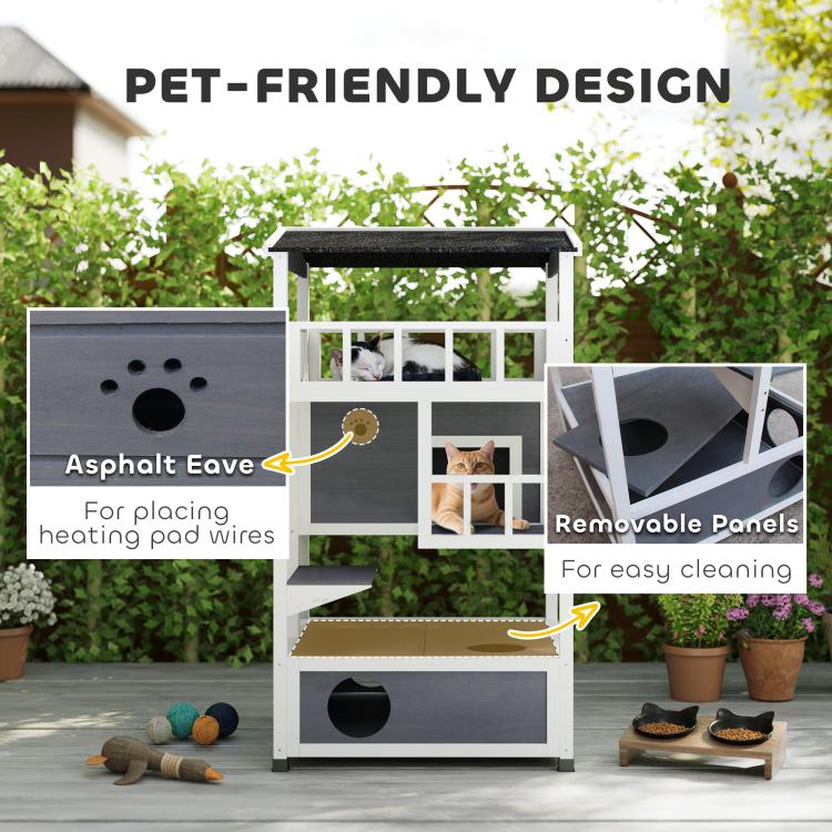 Outdoor wooden cat house with removable panels, dark asphalt eave, and heating pad wiring
