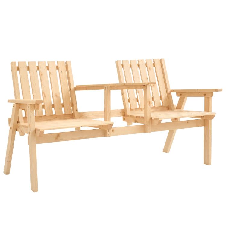 Natural wood patio bench with slatted backrests, arms, and a center table