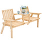 Natural wood patio bench with slatted seats and center table for drinks