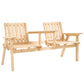 Natural wood outdoor bench with slatted back and built-in middle table