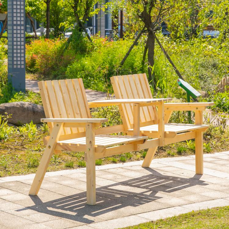 Natural wood garden bench with slatted backrests and center table under open space