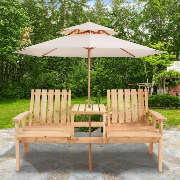 Natural wood patio bench with umbrella canopy and center table between two seats