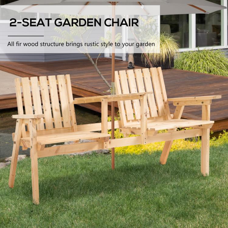 Natural wood patio bench with umbrella canopy and slatted seats