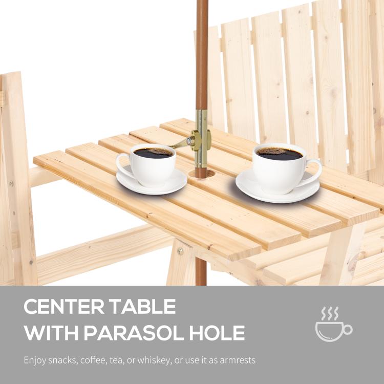 Natural wood center table on patio bench with two coffee cups and umbrella pole