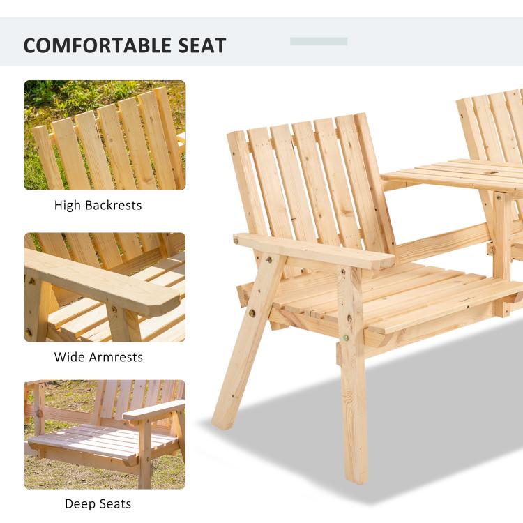 Natural wood outdoor bench with high backrests, wide arms, and deep slatted seats