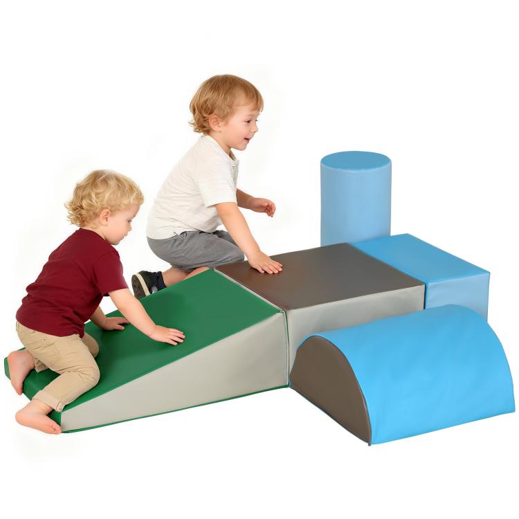 5-piece foam climbing and crawl play set with blue, green, and gray blocks