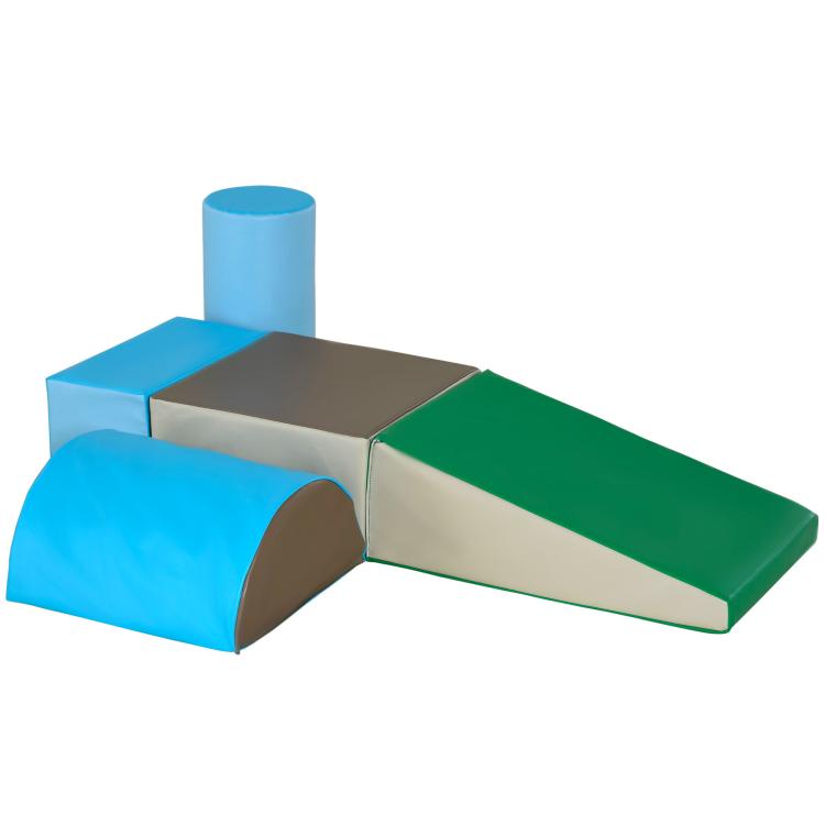 Foam climbing blocks play set: blue base, green top ramp, gray side panels