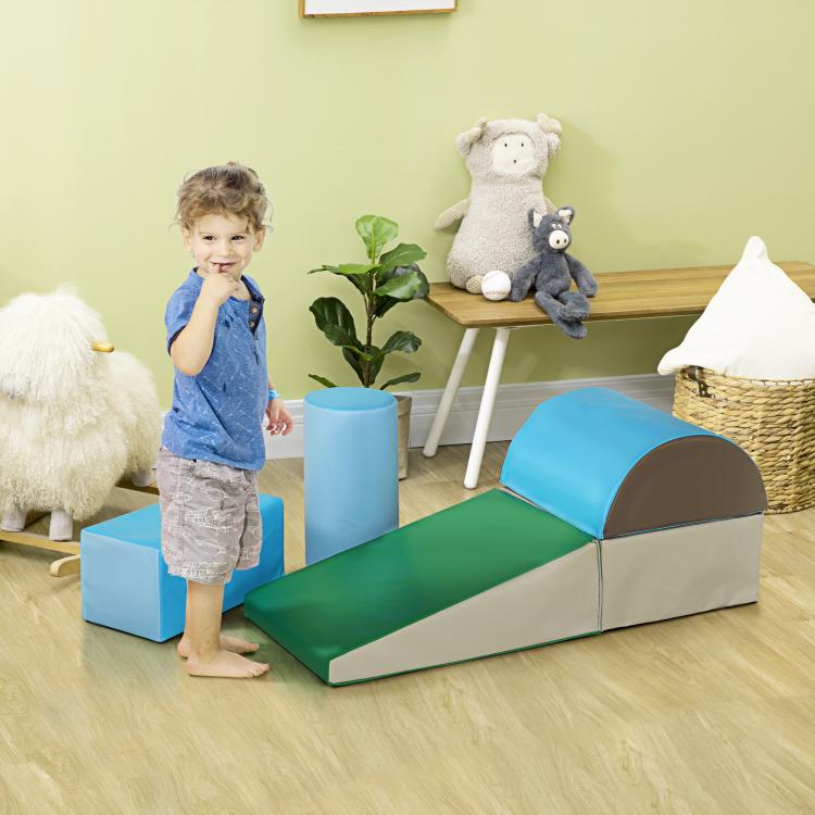 Foam climbing and crawl play set with green ramp, blue tunnel, and cushioned blocks