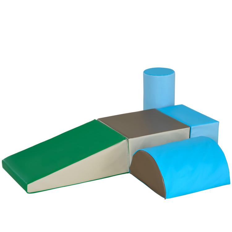 Foam toddler play blocks: green ramp, blue tunnel, and blue cylinder with gray platform