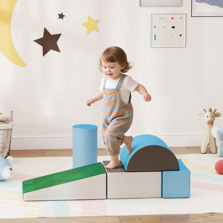 Kids foam activity blocks set with blue arch tunnel and green ramp platform