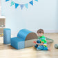 Foam crawl tunnel and ramp play set in blue and green with gray edges