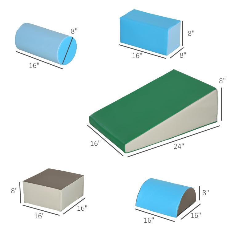 Foam play blocks set with dimensions: blue rolls, green ramp, and gray cube