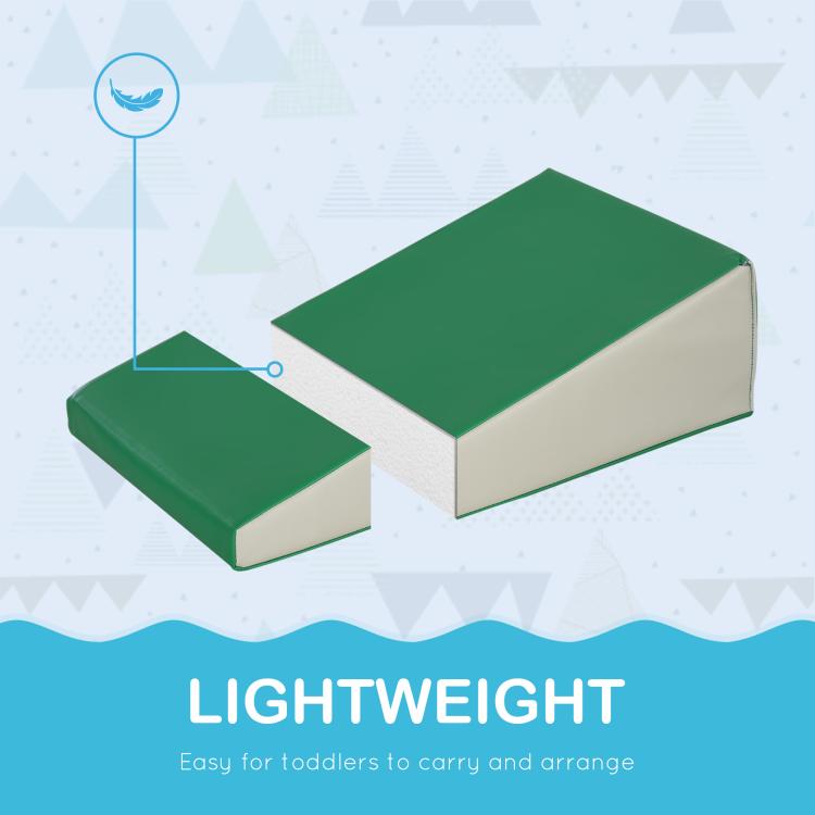Lightweight foam climbing blocks set in green and gray with matching blue pieces