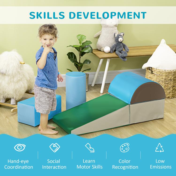 Foam climbing and crawl set used for toddler play with blue and green blocks