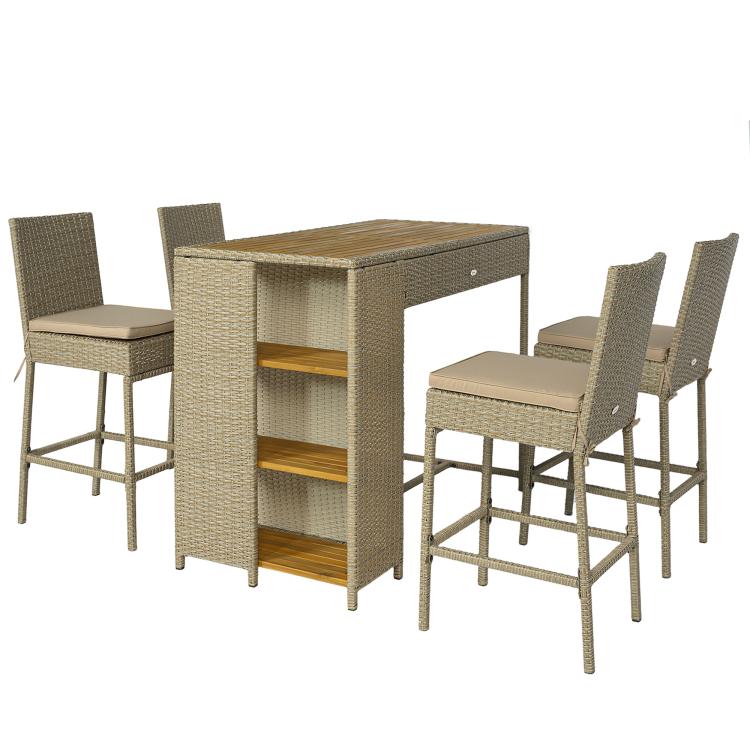 Outdoor bar table with woven wicker finish and 3-tier shelves, plus bar stools with cushions