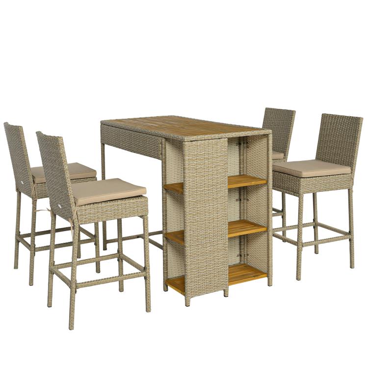 Wicker bar height table with 3-tier shelves and four beige-cushioned chairs, brown