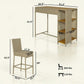 Woven wicker bar table with open storage shelves and matching high stool for outdoor seating