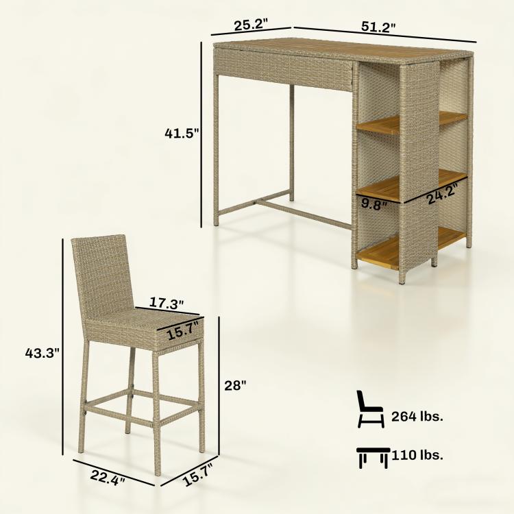 Woven wicker bar table with open storage shelves and matching high stool for outdoor seating