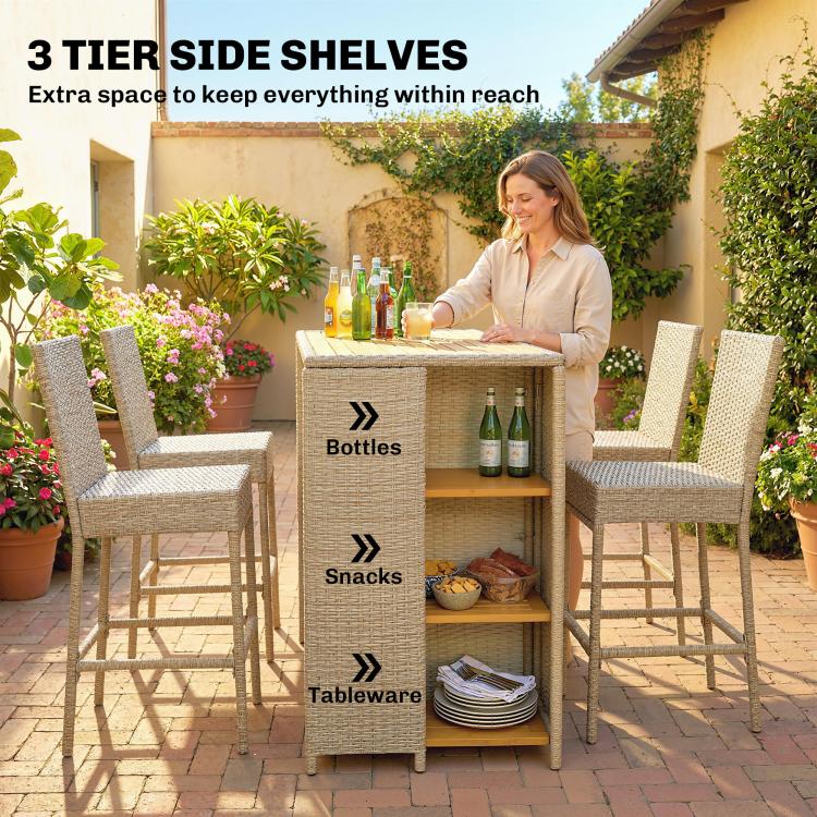 Woven wicker bar cabinet with three open shelves, designed for storing bottles and snacks