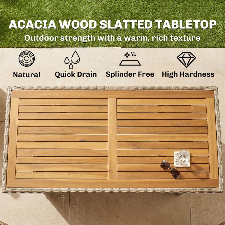 Acacia wood slatted tabletop for outdoor bar table with warm natural tone