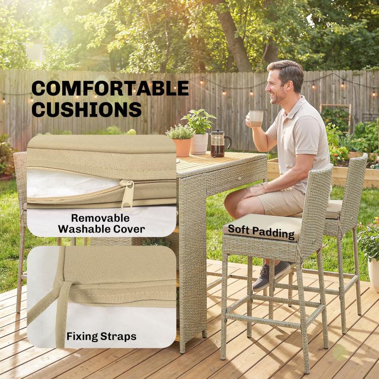 Beige cushioned outdoor bar stool seat with soft padding and fitted fabric cover