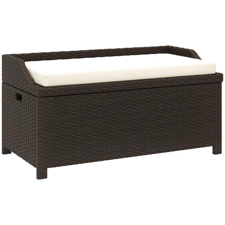 Outdoor wicker storage bench with hinged lid and light cream cushion, dark brown frame