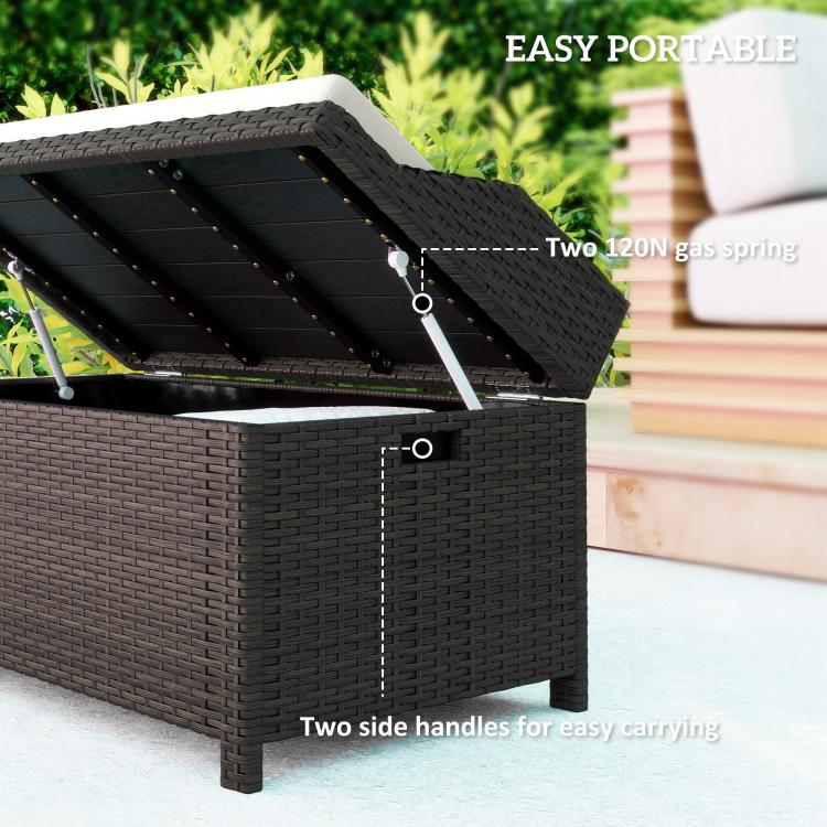 Outdoor wicker storage bench with open lid, visible hinge and side handle, dark brown