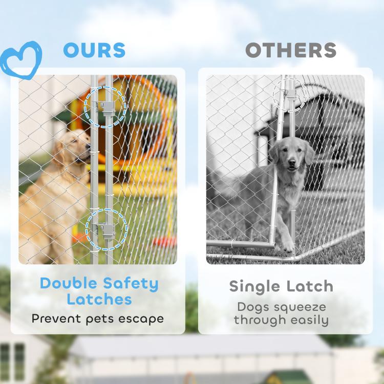 Dog kennel double safety latches on silver chain-link door and frame hardware