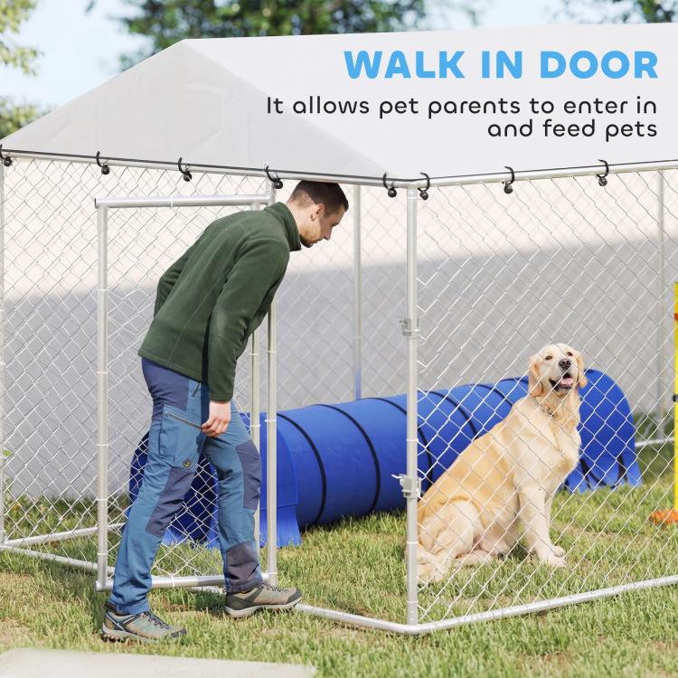 Outdoor dog kennel with walk-in access door, silver chain-link frame, sloped roof and sitting dog