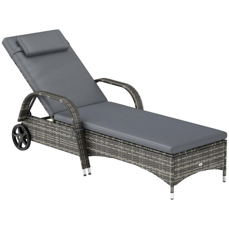 Gray rattan chaise lounge chair with gray cushions and wheels, reclining back
