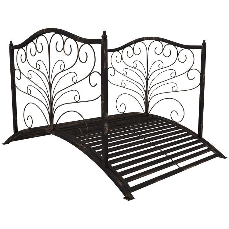 Dark bronze metal garden bridge with arched scrollwork side rails and slatted deck.