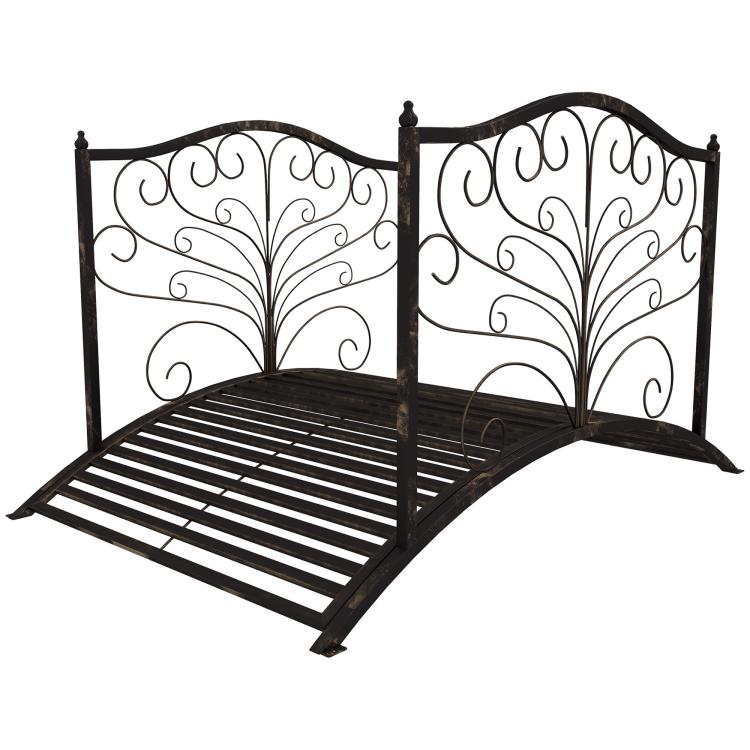 Dark bronze metal arched garden bridge with scrollwork panels and ribbed slat walking deck.