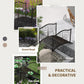 Dark bronze arched metal garden bridge with ornate scroll side panels and slatted deck.