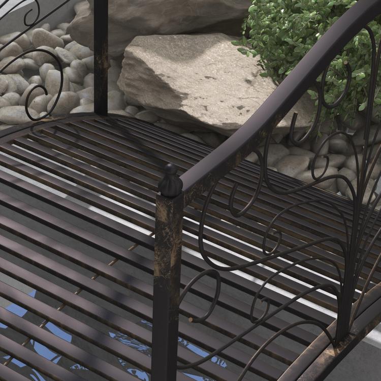 Close-up of dark bronze slatted bridge deck with curved scroll side rail.