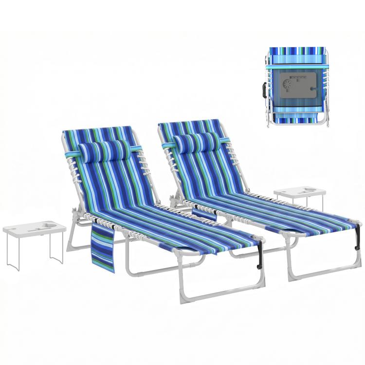 Pair of blue striped folding outdoor chaise lounge chairs with side tables and gray frames