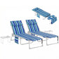 Two blue striped folding chaise lounges with side tables, gray metal frames
