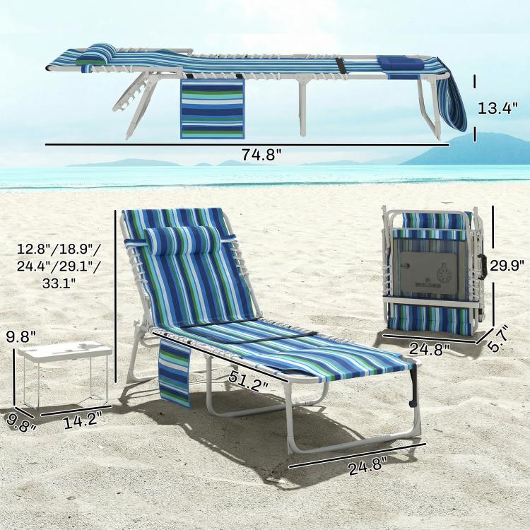 Blue striped folding chaise lounge with covered face hole and side table, gray frame