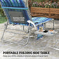 Blue striped chaise lounge chair with back mesh pocket and portable folding side table