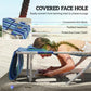 Blue striped tanning chaise lounge with covered face hole, open headrest section