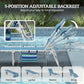 Blue striped folding chaise lounge with 5-position adjustable backrest and gray legs