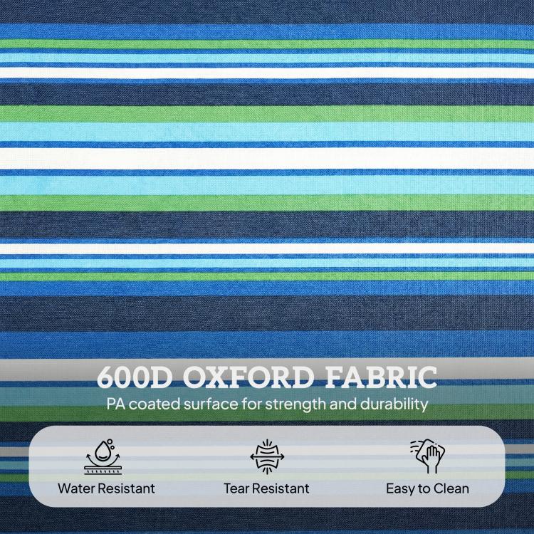 Close-up of blue and green striped fabric with durable woven texture