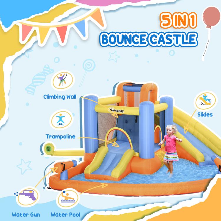 5-in-1 kids bounce castle diagram showing slide, climbing wall, trampoline, and water pool