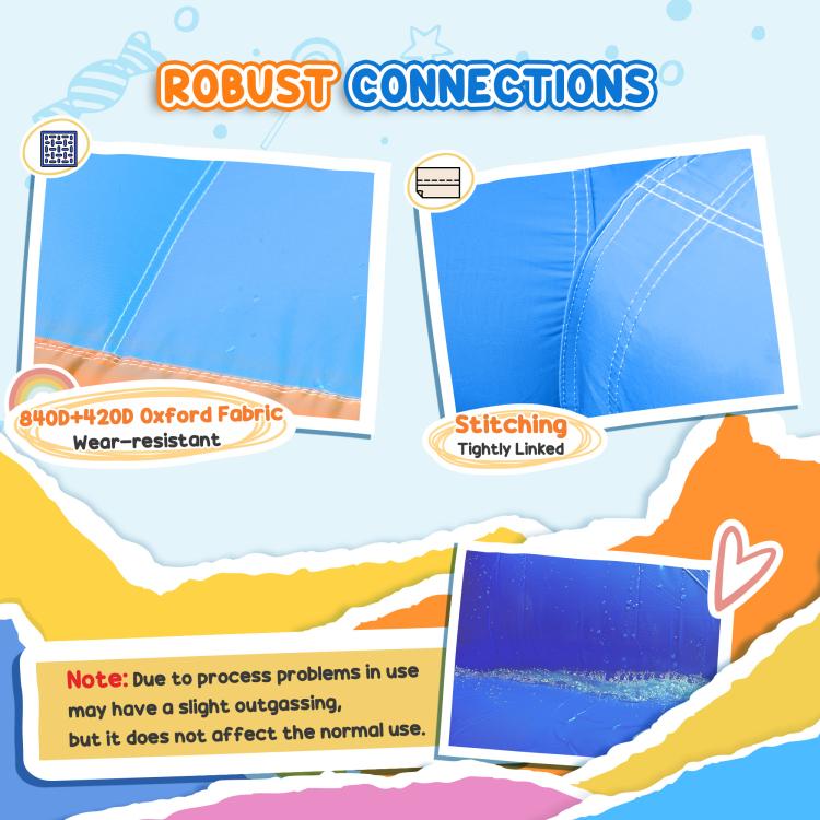 Inflatable bounce castle fabric and seams feature graphic for durable, stitched panels
