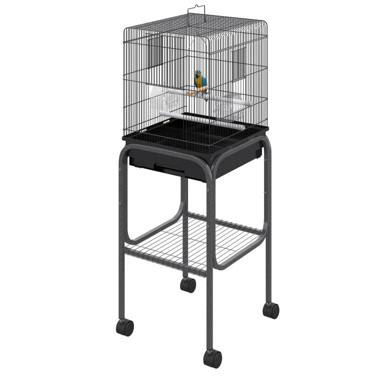 Black metal parrot bird cage with front opening and wheeled stand base