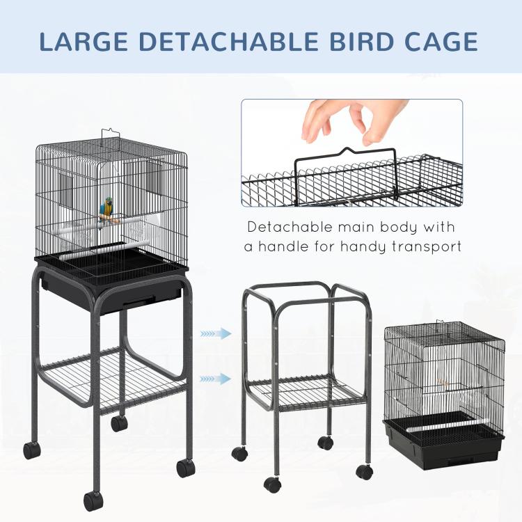 Large black detachable bird cage with removable main body and wheeled stand