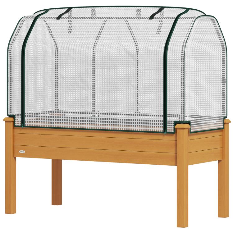 Raised garden bed planter with sand wooden frame and white mesh greenhouse cover panel