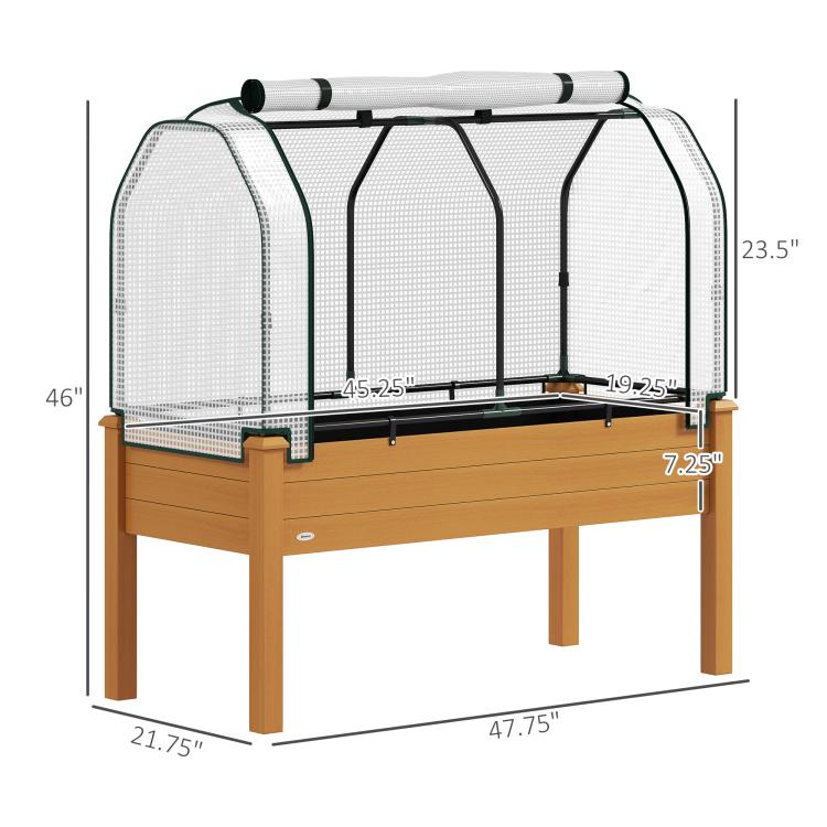 Raised garden bed planter with white mesh greenhouse cover and sand wood frame, 48x22x46 in